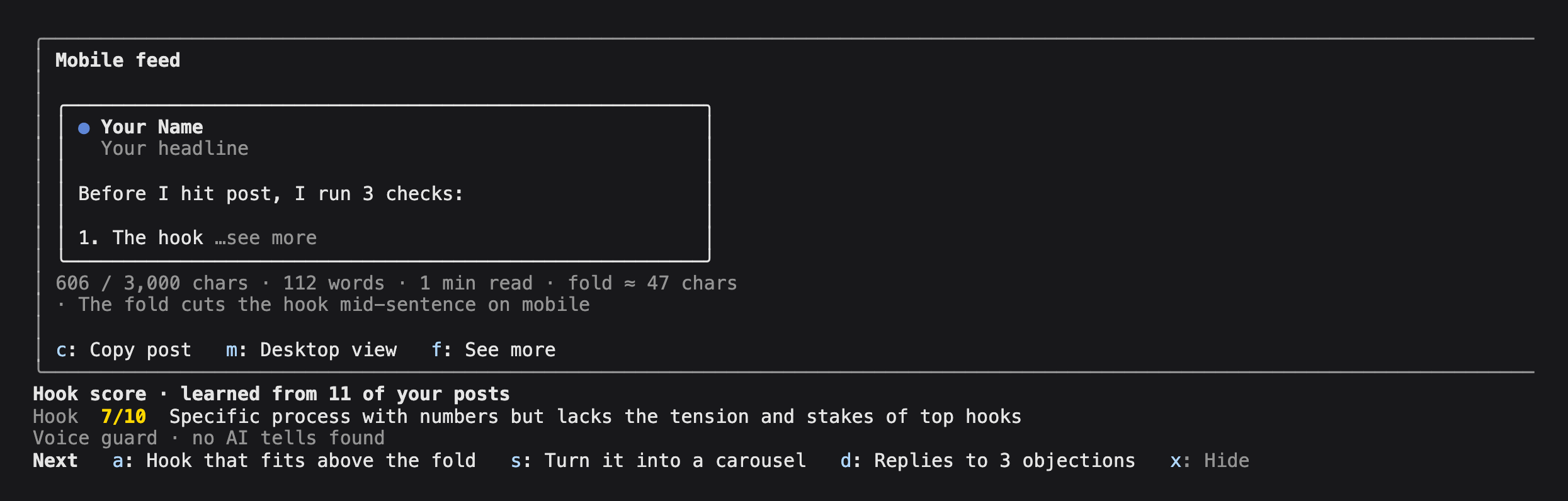 One draft: the mobile preview cut after the first list item, a fold warning, a hook score of 7/10, a clean voice guard result and the next-step buttons.