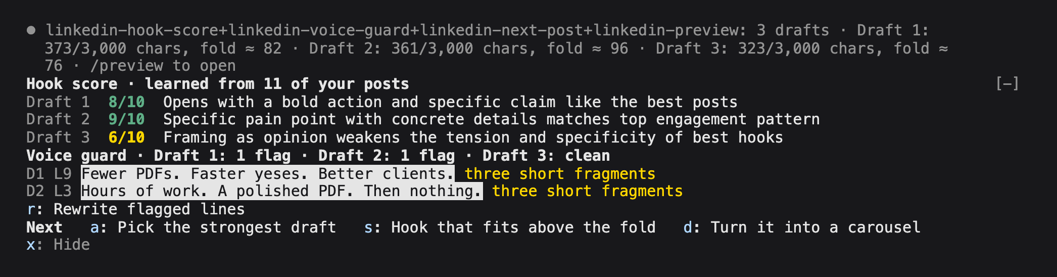 Under Claude's answer: hook scores of 8, 9 and 6 out of 10 with one reason each, the voice guard flagging two lines as three short fragments, and the next-step buttons.