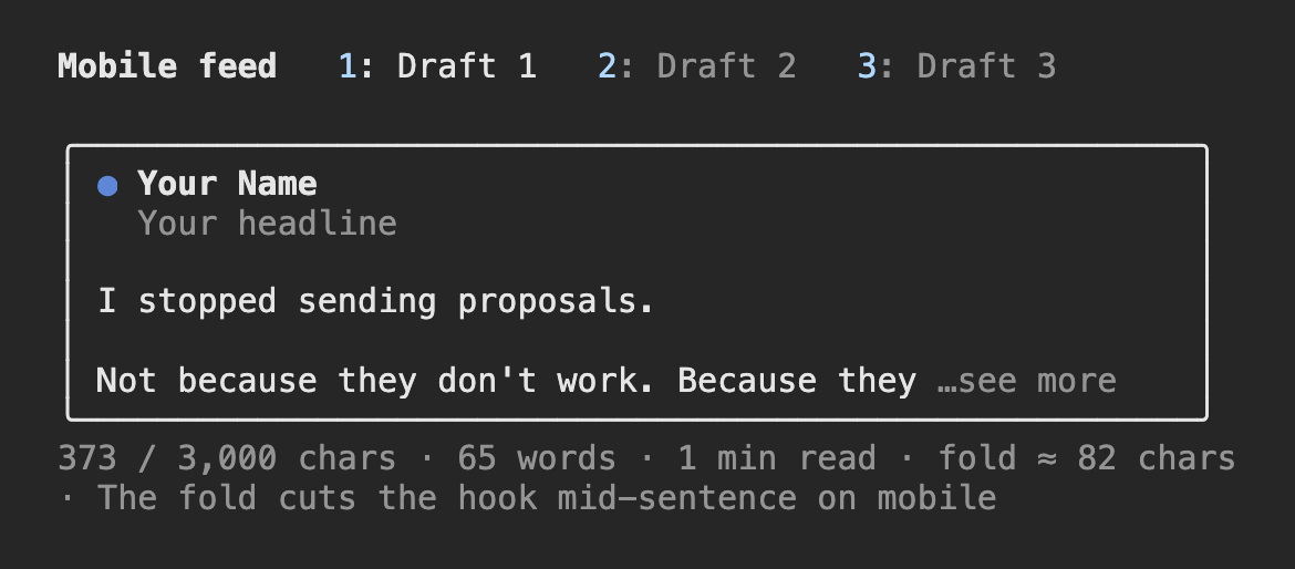 The preview pane docked on the right of a full-screen terminal: three draft tabs, and Draft 1 on a mobile post card cut at see more in the middle of a sentence.